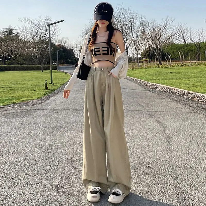 بنطال ذو قصة أرجل واسعة كاكي للنساء ربيعي طويل للغاية طيات مرنة حزام اللف الحد الأدنى الربط فريد مشروط تخفيف #1
