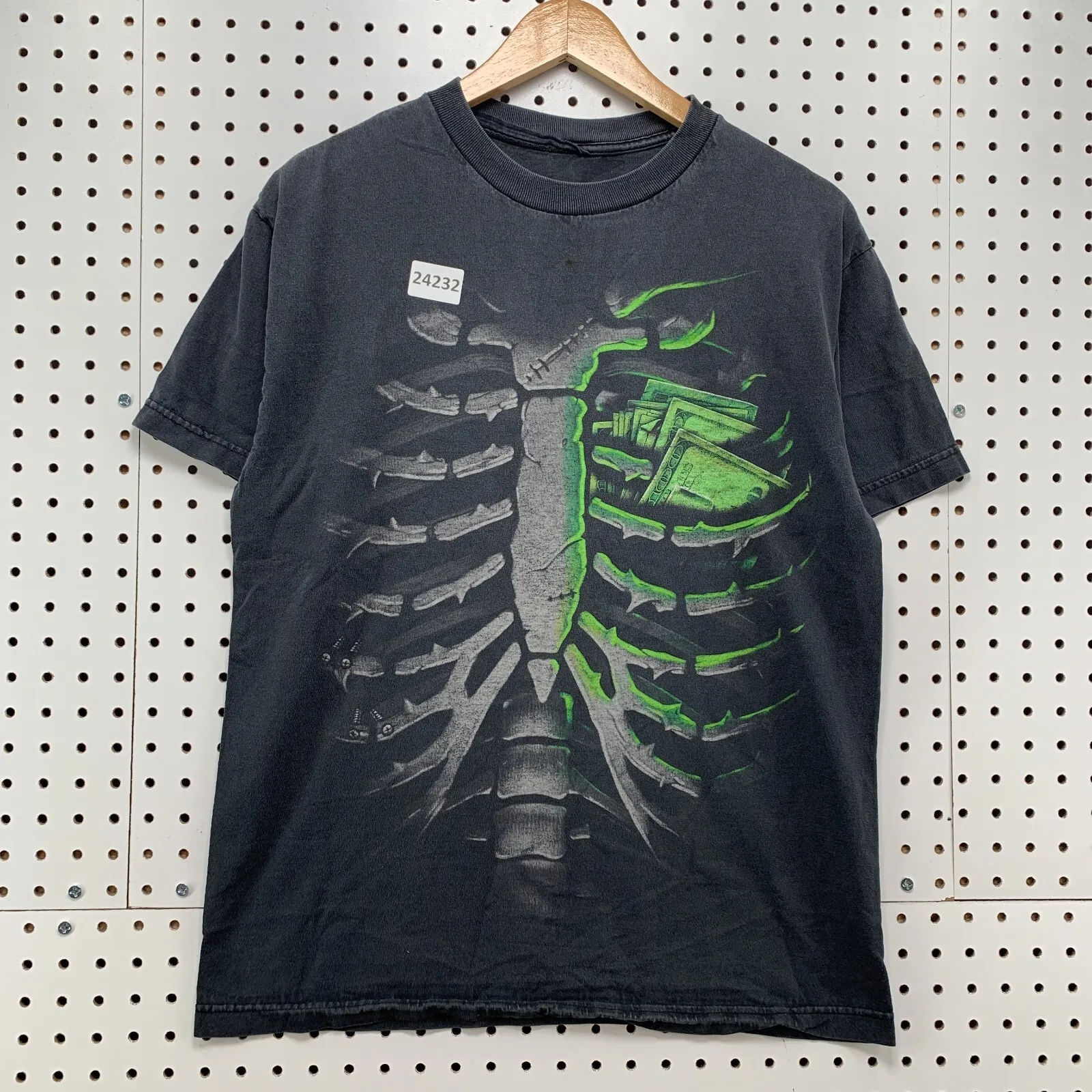 Vintage Skeleton Money Shirt Black Green Adult Medium Short Sleeve 20x26