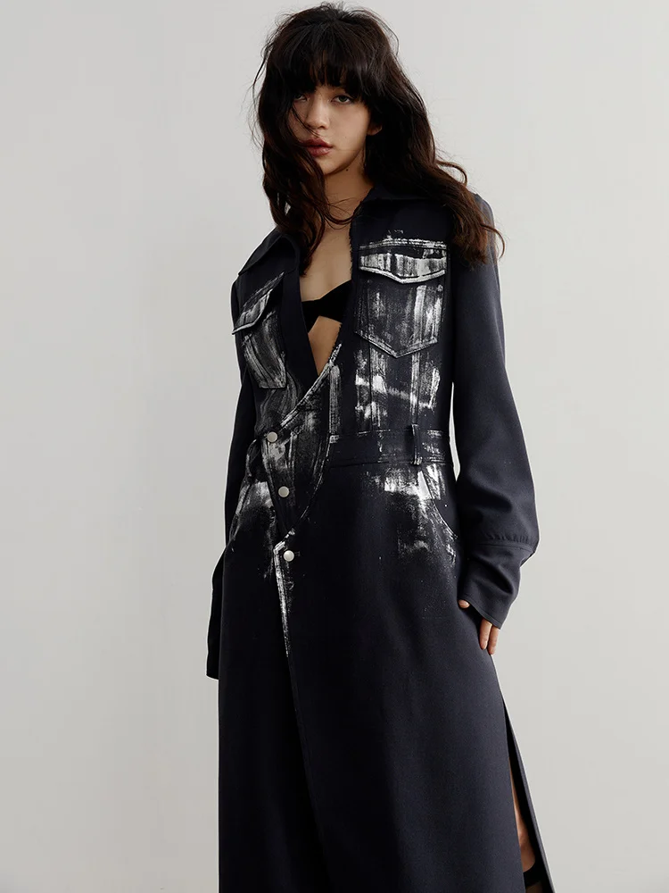 DEAT 2024 primavera 2024 nuove donne Navy spacco irregolare lungo Blazer con scollo a v manica lunga vestibilità ampia stampa giacche moda marea 1