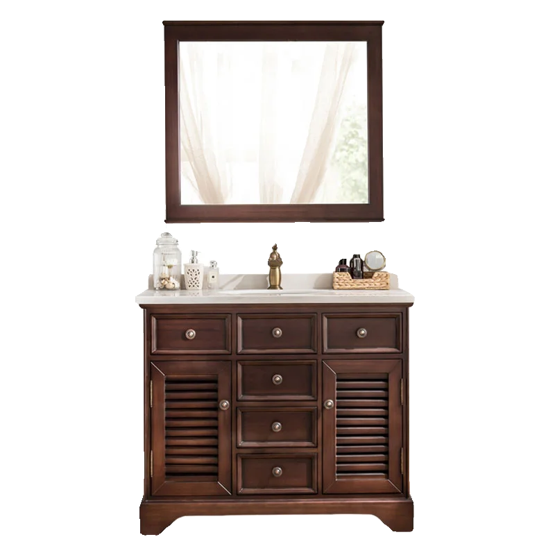 

Oak bathroom cabinet Solid wood integrated basin Wash table combined retro bathroom