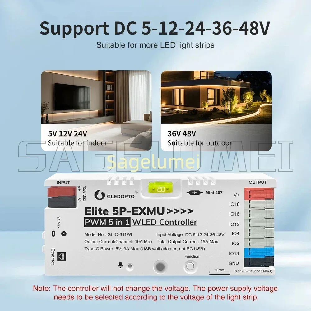 5 in 1 WLED Controller Elite 5P-EXMU DC5-48V 15A PWM GLEDOPTO for  Music Rhythm APP Control Work with Alexa Home Assistant 611WL
