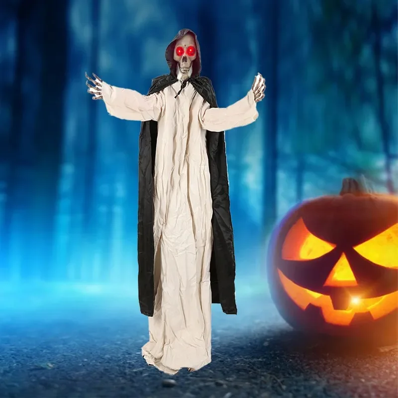 Large Electric Hanging Ghost Halloween Decoration Voice Activated Shaking Skull Prop for Haunted House Secret Room Party