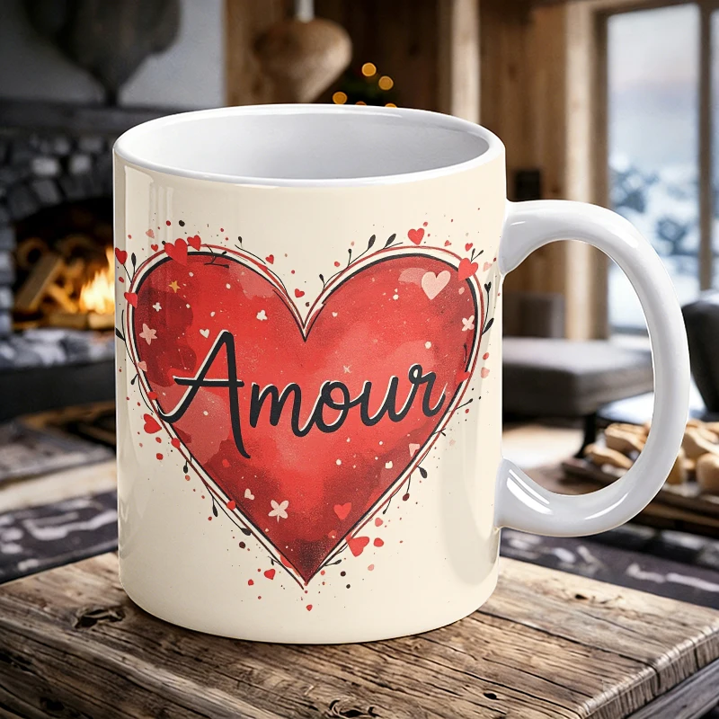 

1pcs French 'Amour' watercolor heart ceramic cup with handle, creative coffee cup, milk cup, office tea cup, drinking cup