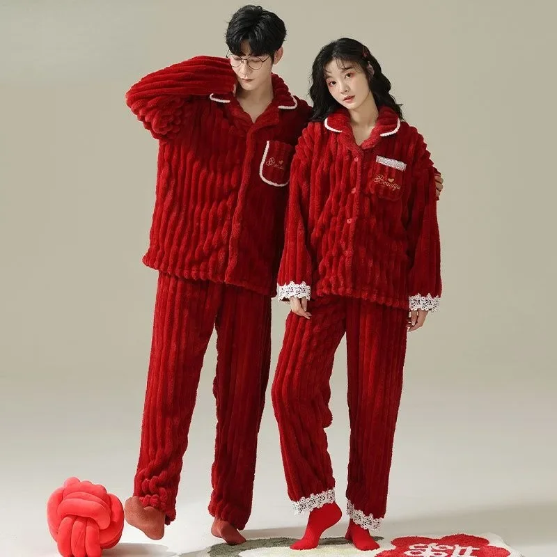 New Coral Velvet Couple Pajama Newly Married Women Men Autumn Winter Loungewear Plush Red Wedding Plus Velvet Plus Homewear