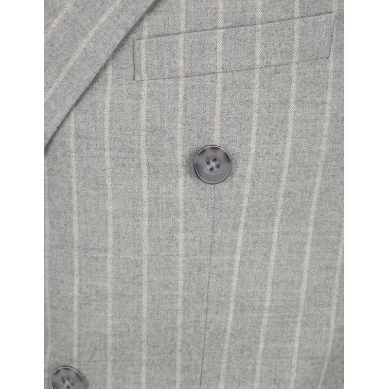 طقم بدلة مخططة ضيقة مزدوجة الصدر للرجال لملابس رسمية لحفلات الزفاف مناسبة للعمل (سترة + بنطلون) #5