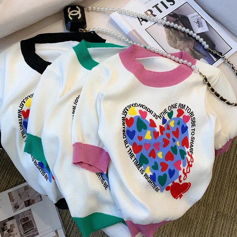 2023 Summer Knitted T Shirt Women Cute Love Heart Print Tops Tees Korean Korean Fashion Office Ladies short sleeve Sweater Mujer