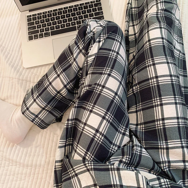

Korean Couples Bubble Cotton Pajama Pants Men and Women with the Same Summer Pajamas Pants Plaid Wearable Pajamas Home Pants