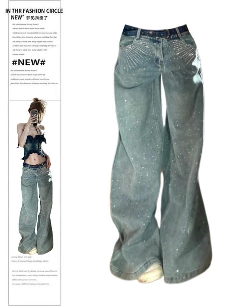 

Летние женские мешковатые джинсовые брюки Kpop с низкой посадкой и стразами для мамы, японский Y2K Harajuku, широкие джинсовые брюки 2000-х годов, кибер-панк, гранж, прилив