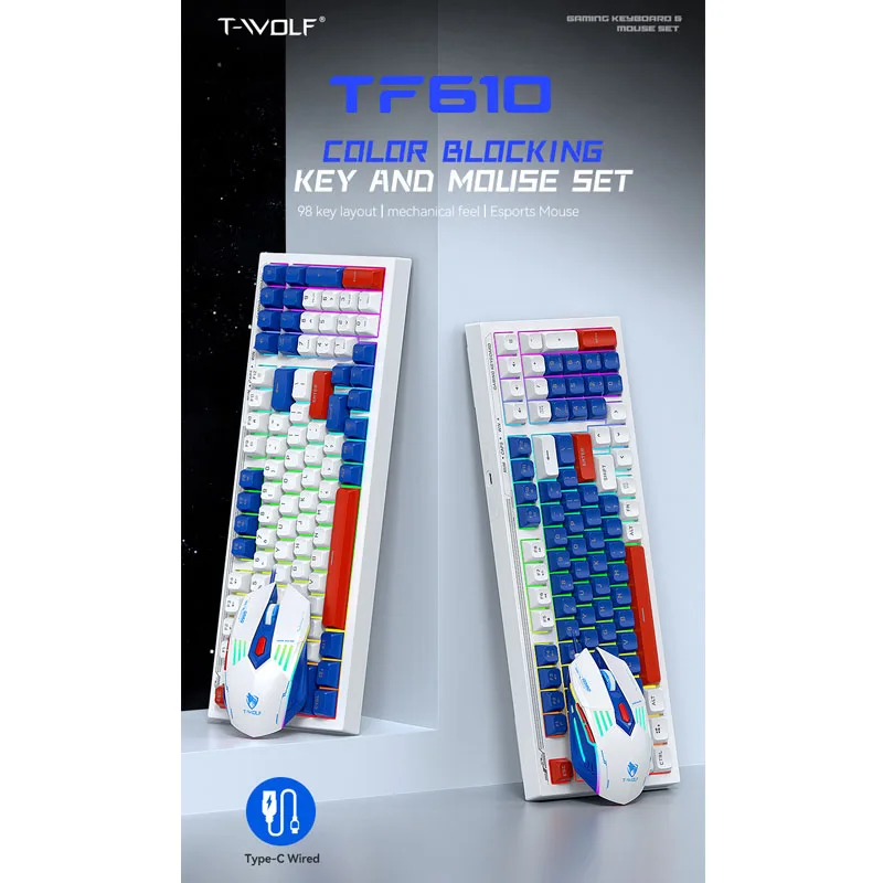 T-wolf TF610 98 Keys Backlit Keyboard Mouse Combo Wired USB 3600 DPI Ergonomic Two Tone Gaming Set for PC Laptop