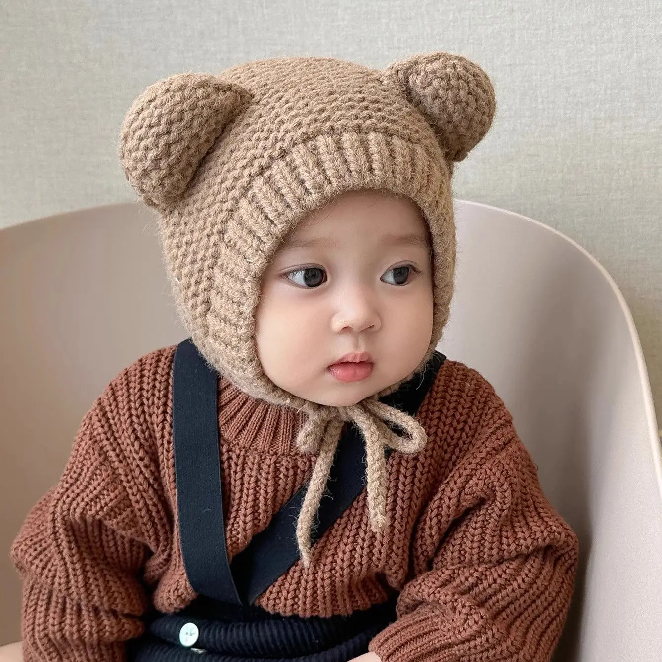 

Cute Baby Ear Protection Kint Hat Winter Warm Kids Lace-up Beanie Solid Color Wool Pullover Cap 6-24MonthInfant Headgear Bonnet
