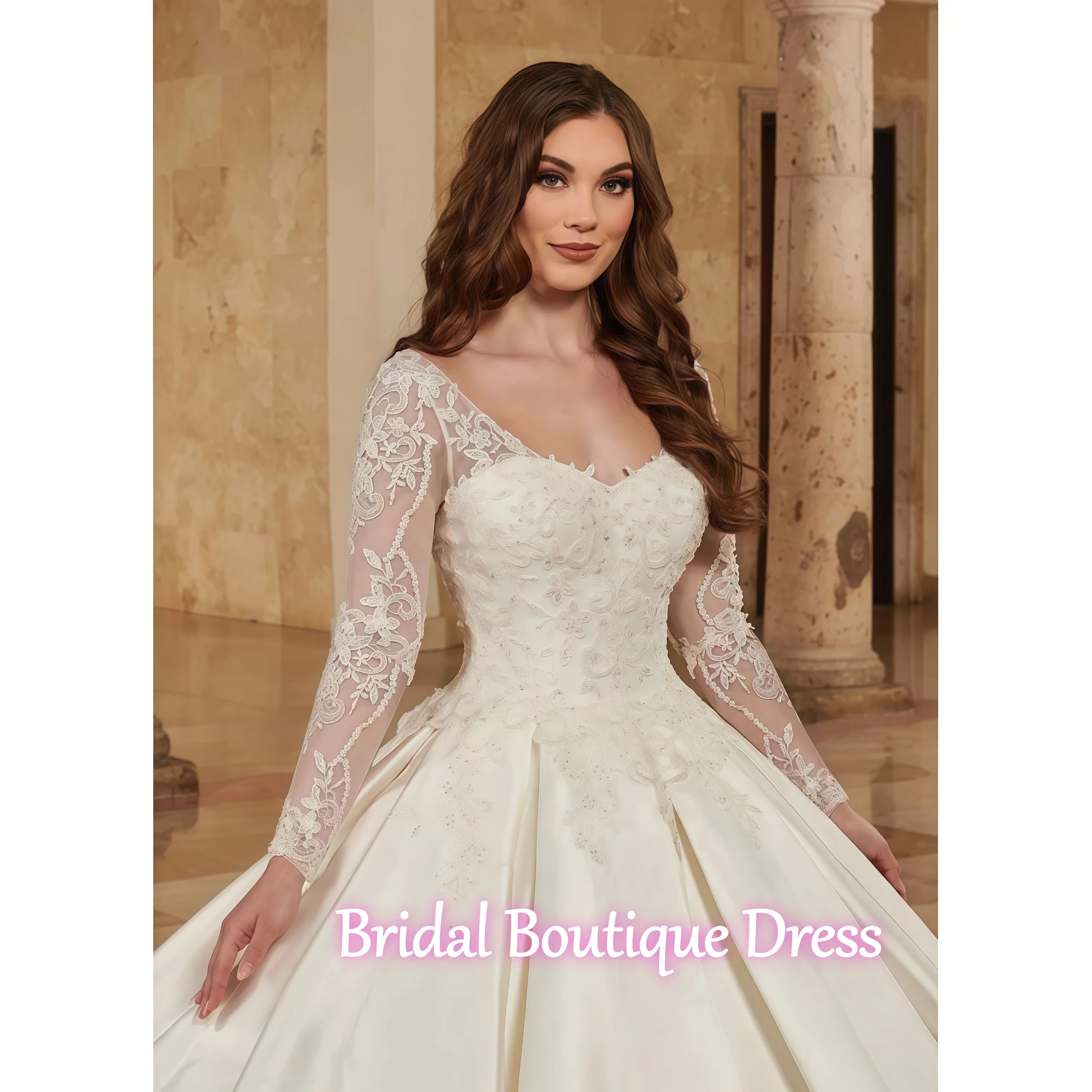 Gaun Pengantin Satin Illusion Lengan Panjang Elegan yang Dikustomisasi, Gaun Pengantin Putri dengan Aplikasi Manik-Manik dan Detail Sweetheart yang Indah