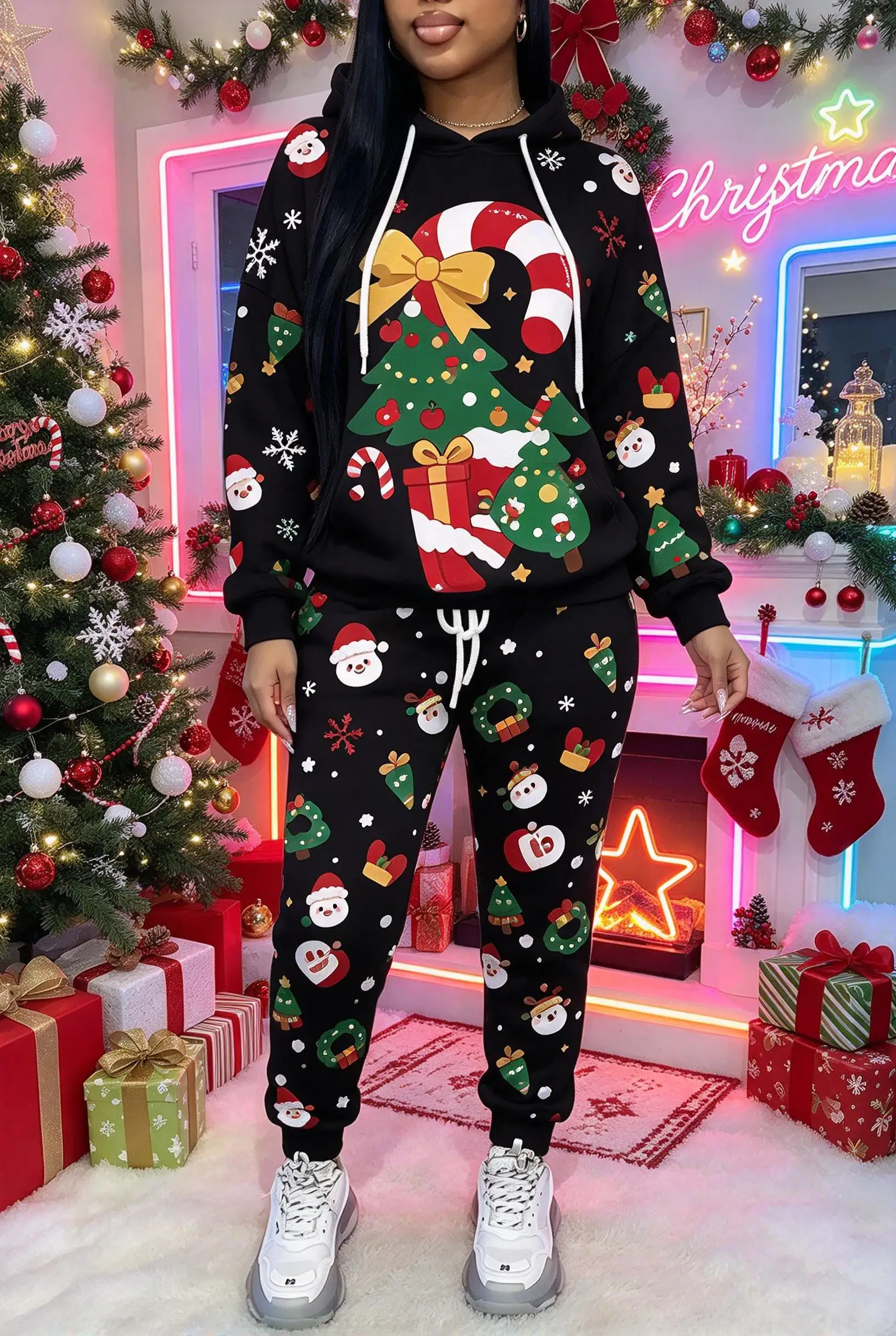 Ladies Christmas Cartoon Print Hooded Sweat Suit, Long Sleeve Hoodie & Drawstring Joggers, Holiday Casual 2 Piece Outfit