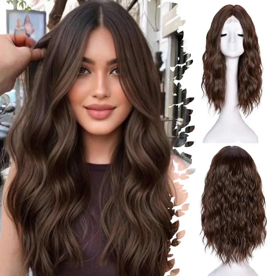 باروكات بنية قصيرة مموجة للنساء، باروكة بوب مموجة مقاس 18 بوصة مع الجزء الأوسط من الدانتيل الأمامي لخط الشعر الطبيعي والحفلات اليومية #4