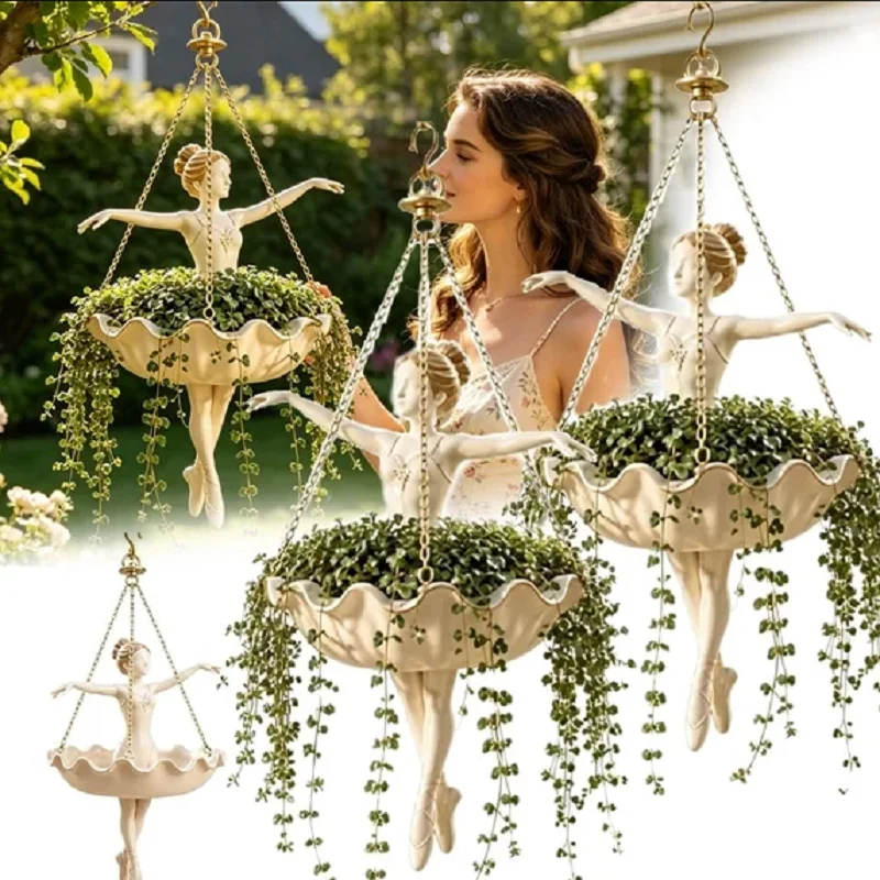 Resin Ballet Dancer Hanging Planter Ballerina Flower Pot Decorative Plant Holder Indoor Garden Basket for Succulents Vines