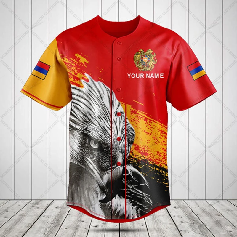 Custom Name Armenia Flag Eagle Graphic Button Shirt Summer Casual Men's Fashion Baseball Team Jersey Plus Size Short Sleeve Tops