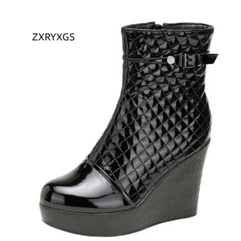 

ZXRYXGS 2024 Cowhide Patent Leather Autumn Winter Boots Wedges High Heeled Boots Large Size British Fashion Shoes Woman Boots