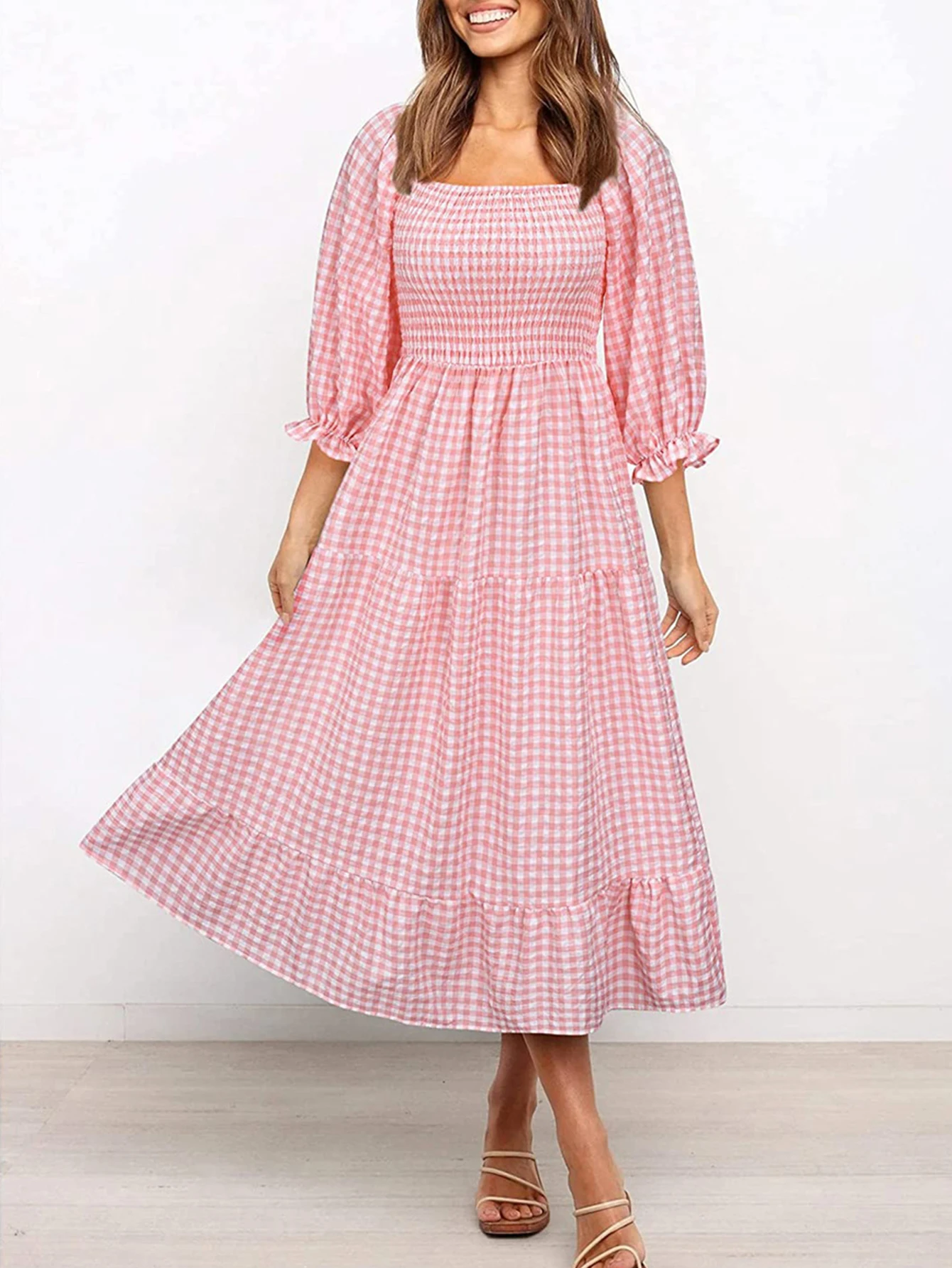 فستان نسائي منقوش بأكمام منتفخة ورقبة مربعة للخريف كاجوال أساسي بقصة عادية وبسيط فستان يومي لائق