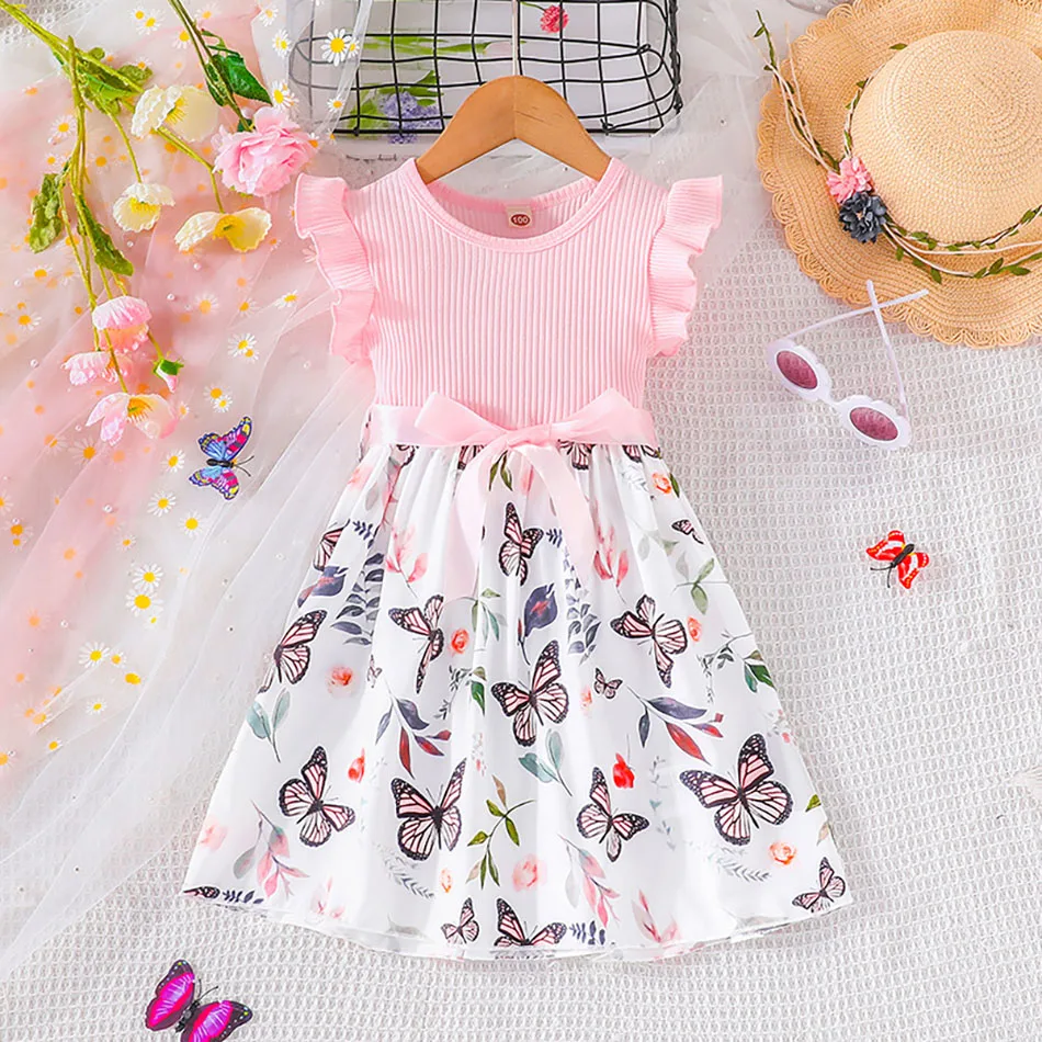 Cute and Comfortable Girls Summer Dress with Butterfly Print and Pitted Stripes Wear Special Occasions Girls Casual Dresses