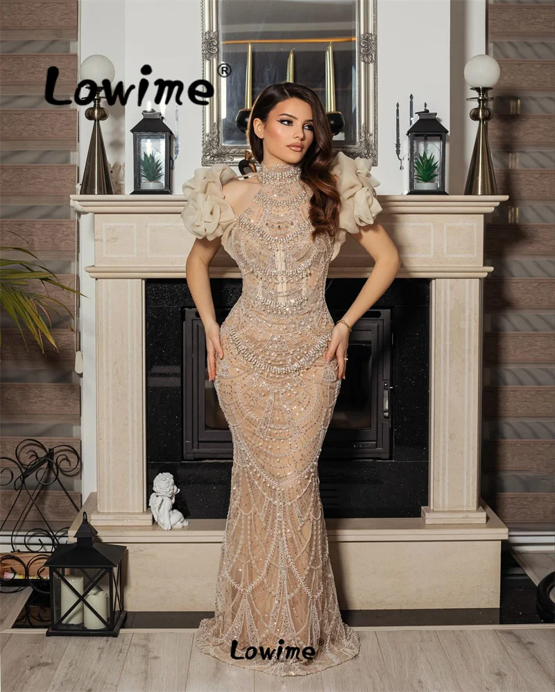 Luxury Heavy Beads Crystal Arabic Evening Dress Champagne Mermaid Prom Dress Sequined Pearl Ruffles Engagement Gowns Party Dress