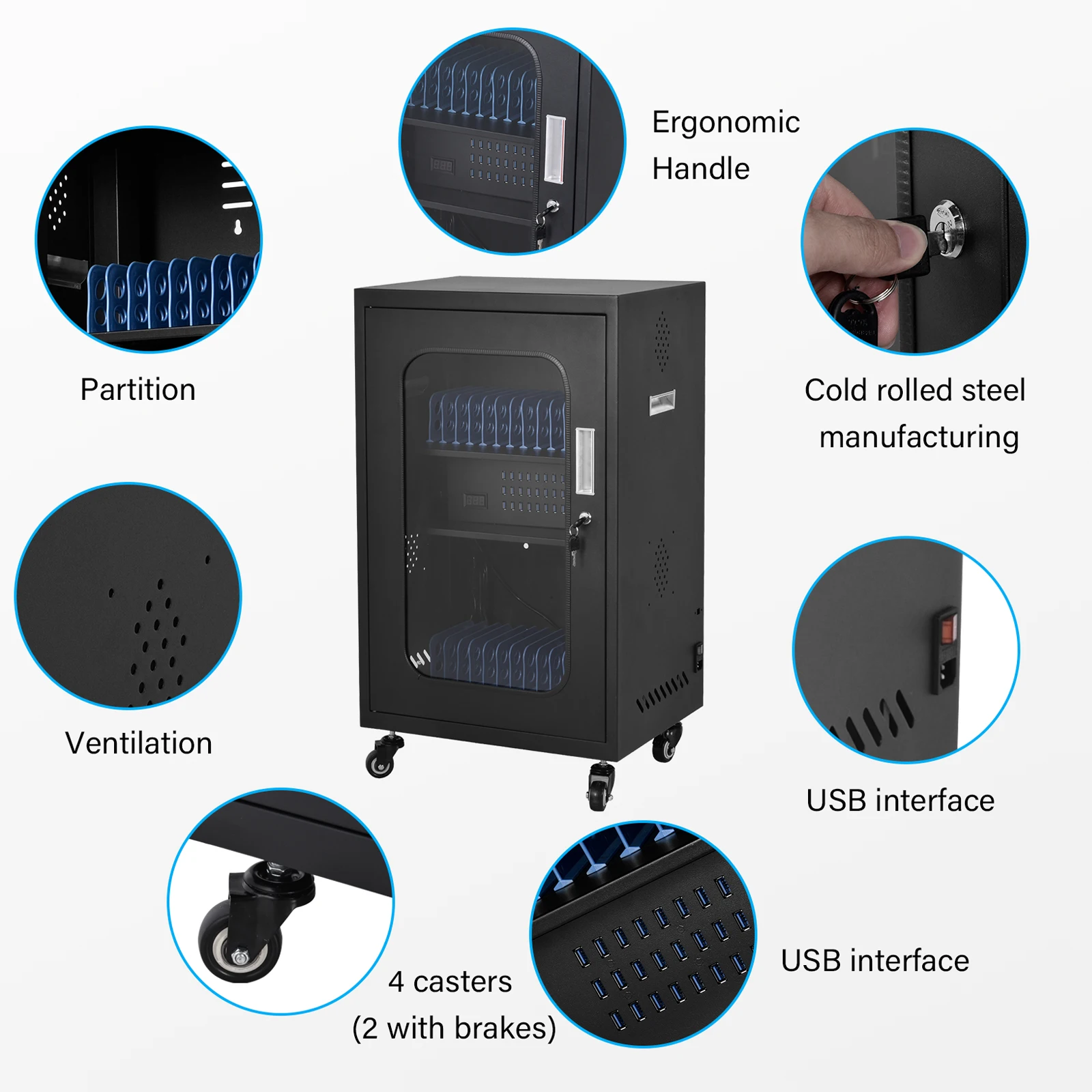 Laptop Charging Cart, 30-Bay Portable Mobile Charging Cabinet, Cell Phone Locker with Charger for Security Storage