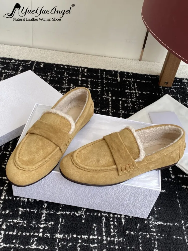 

French Style Vintage Office Ladies Work Shoes Low Cut Real Cow Suede Leather Flats Slip On Loafers Winter Warm Wool Lining Shoes