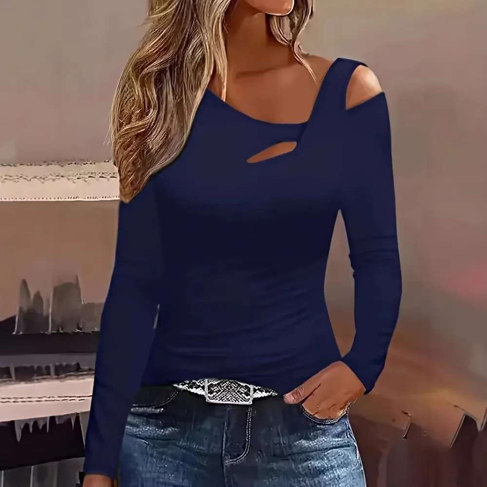 Women New Sexy Cutout Off Shoulder Long Sleeve T-Shirt Versatile Trendy Base Layer Flattering Casual Streetwear Top