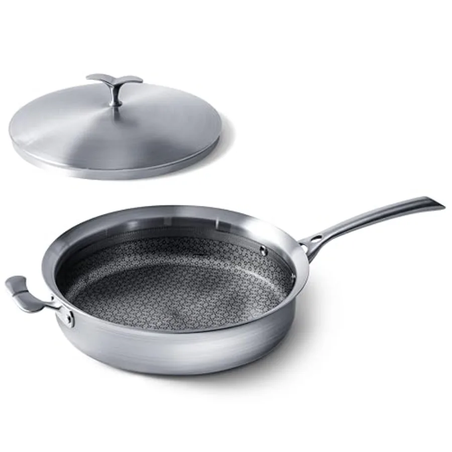 12 Inch Frying Pan with Lid Triply Stainless Steel Saute Pan Non Stick Pans Non Toxic Frying Pan 5.2 QT Deep Skillet PTFEandPFO