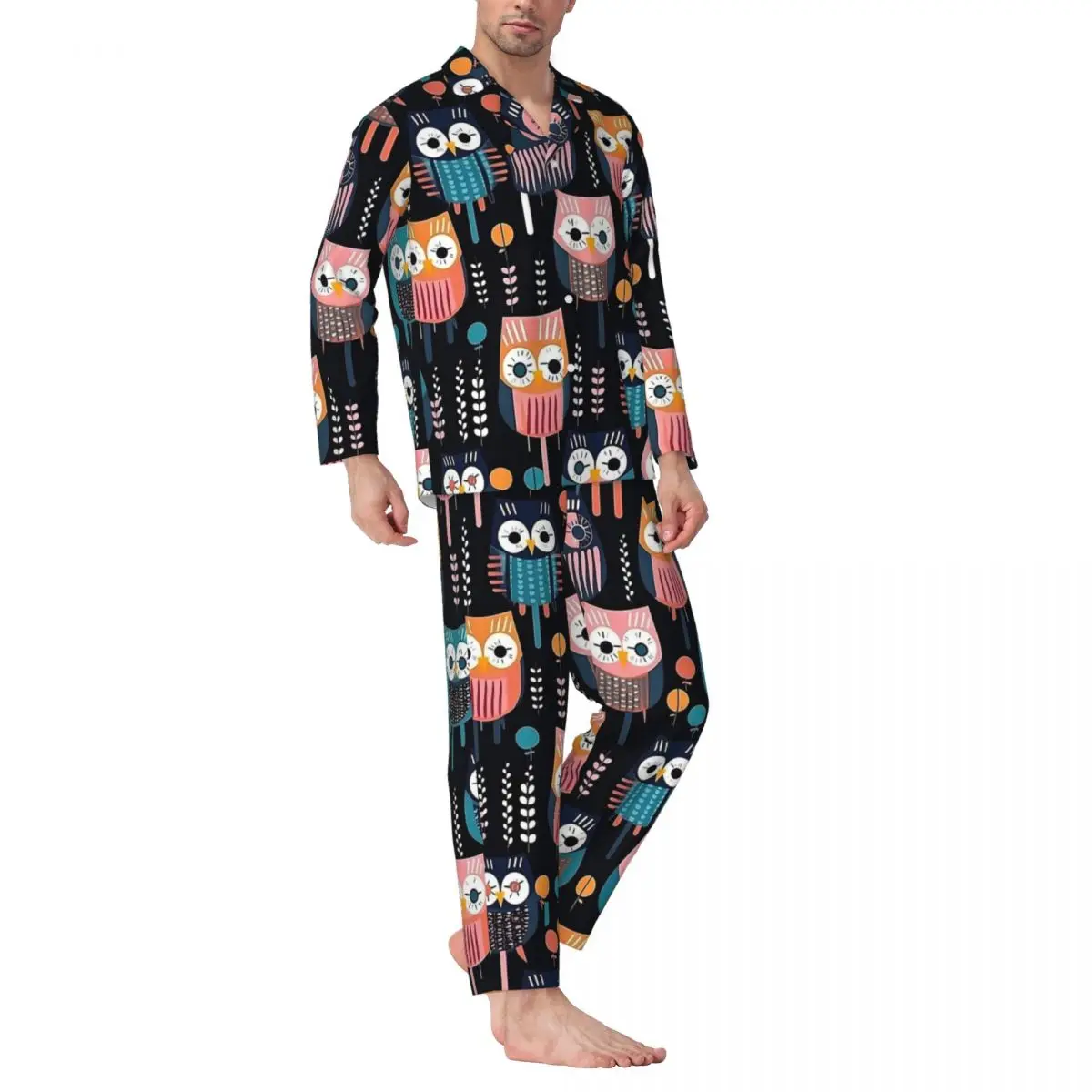 Geometric Bold Owl Pajama Sets Autumn Colorful Animal Warm Bedroom Sleepwear Man 2 Piece Vintage Oversize Design Home Suit Gift