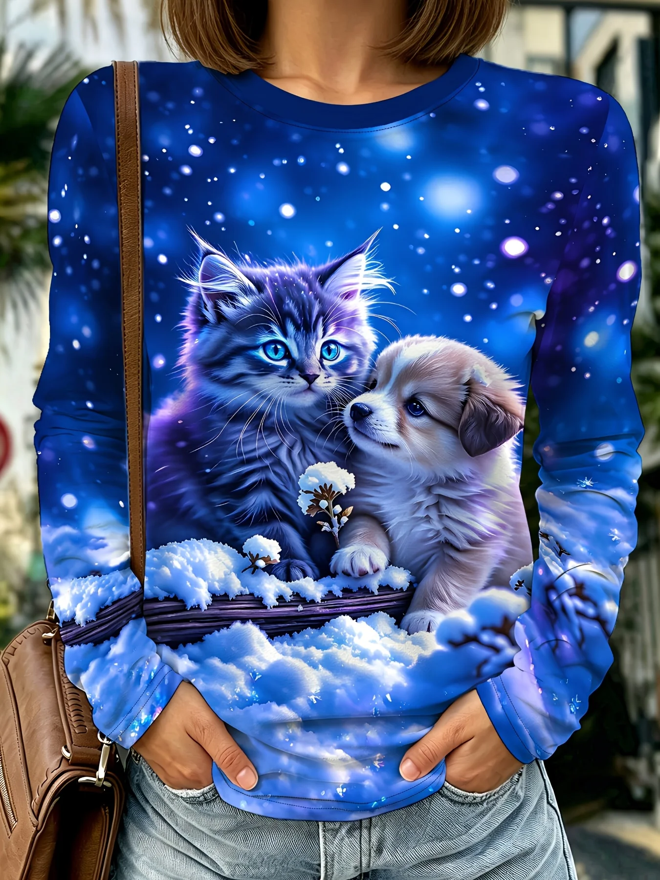 Women's Long Sleeve T-Shirt, Blue Starry Night Sky With Fluffy Kitten And Puppy In Snowy Basket Print, All-Winter Holiday Style Top Suitable For Leisure And Sports Scenarios