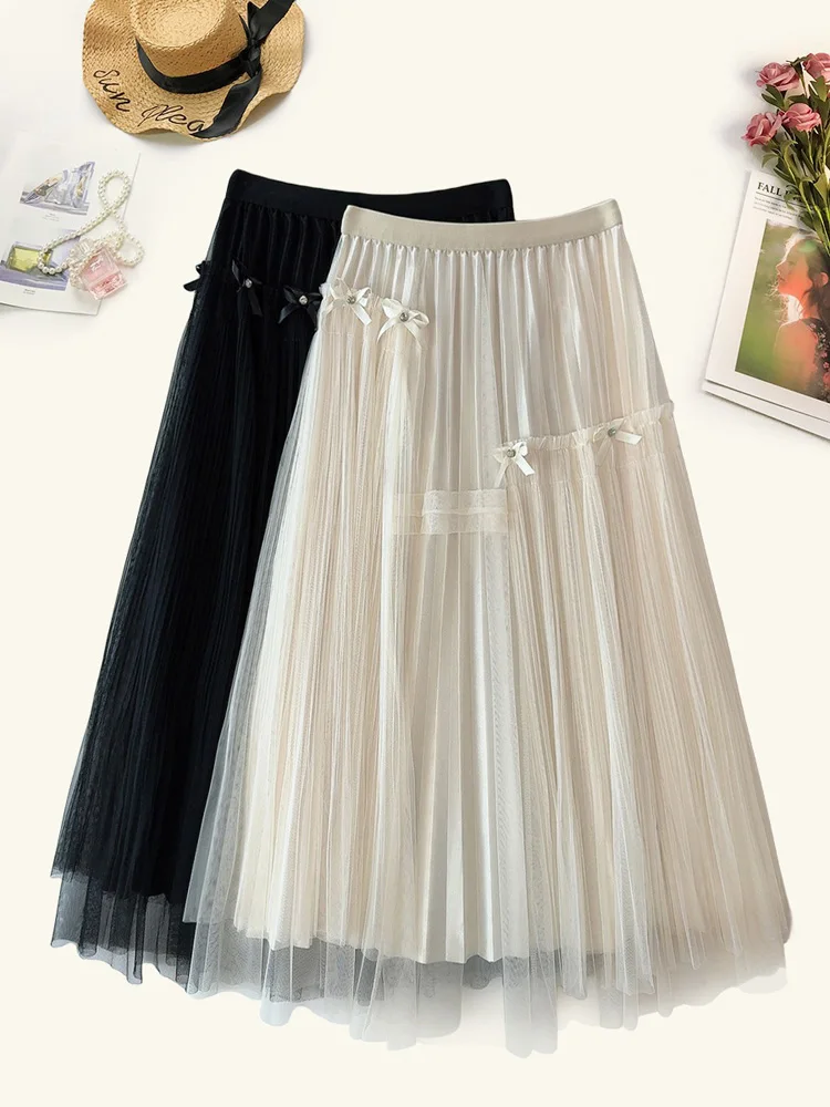 Lange Tule Rok Voor Vrouwen Casual Hoge Taille Kralen Strik Vrouwelijke Mesh Cake Rok Lente Zomer Midi Geplooide Rokken