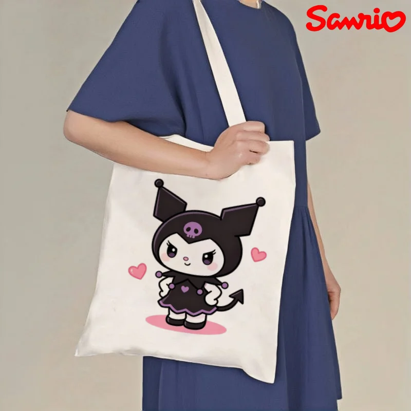

1pc Sanrio Kuromi Cute Pose Print Canvas Tote, Reusable Casual Shoulder Shopper