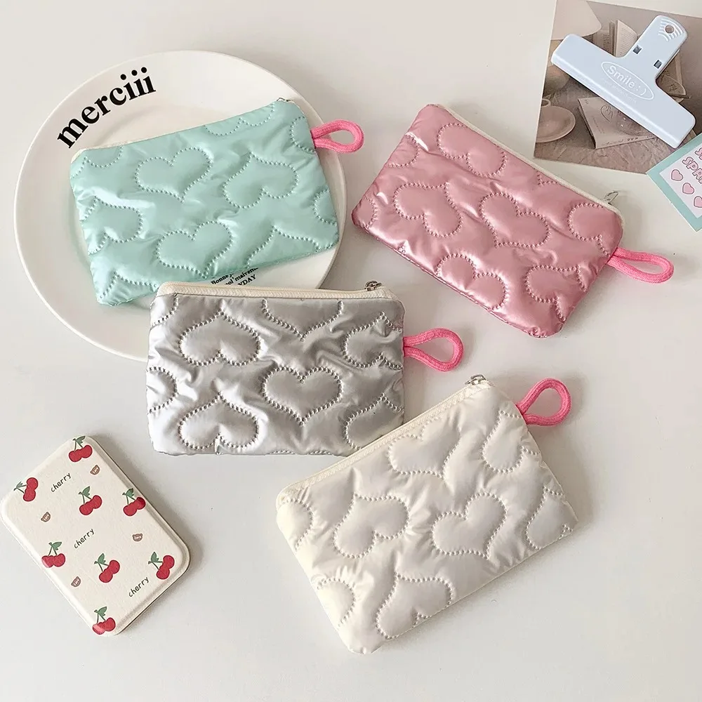 Woman Bow Silver Love Heart Embossed Coin Purses Girls Makeup Bag Cosmetic Bag Coin Pouch Cute Purse Earphones Card Clutch Bag view 2