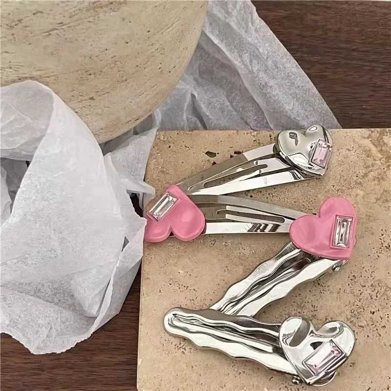 2pcs Love drops BB clip metallic pink bangs duck beak clip sweet cool wind girl silver rhinestones