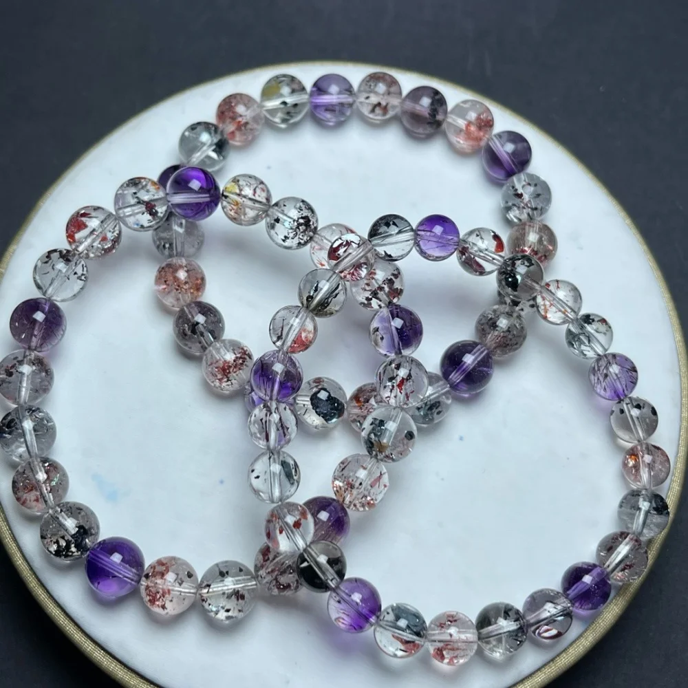 Natural Lycoris Pattern Super Seven Quartz Bracelet Purple Red Black Inclusion Crystal Round Beads Healing Spiritual Gemstone