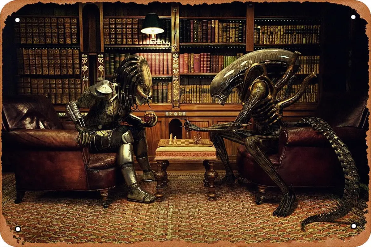 Alien Vs Predator Play Chess Fun Poster Vintage Tin Sign Retro Metal Sign for Cafe Bar Office Home Wall Decor Gift 12 X 8 i sign