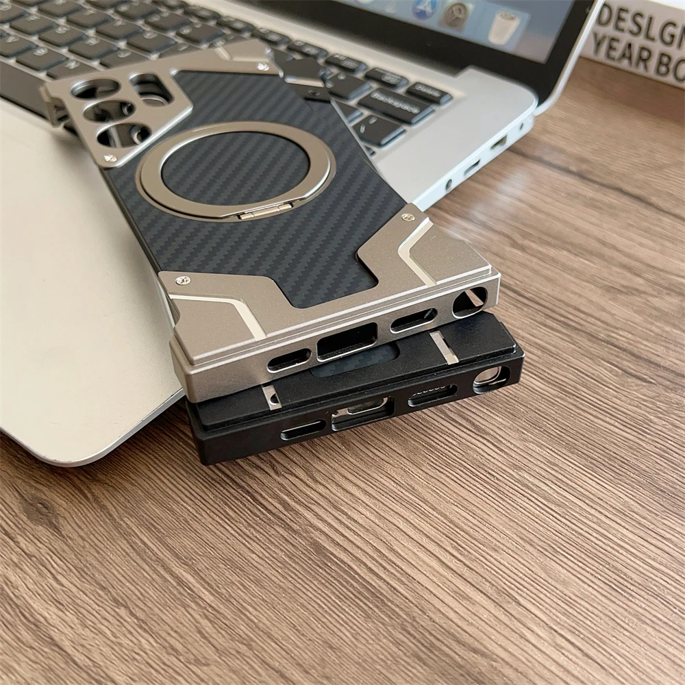 Aluminum Alloy Frame Magnetic Holder Phone Case For Samsung Galaxy S25 S24 S22 S23 Ultra Carbon Fiber Metal Frame Bumper Cover