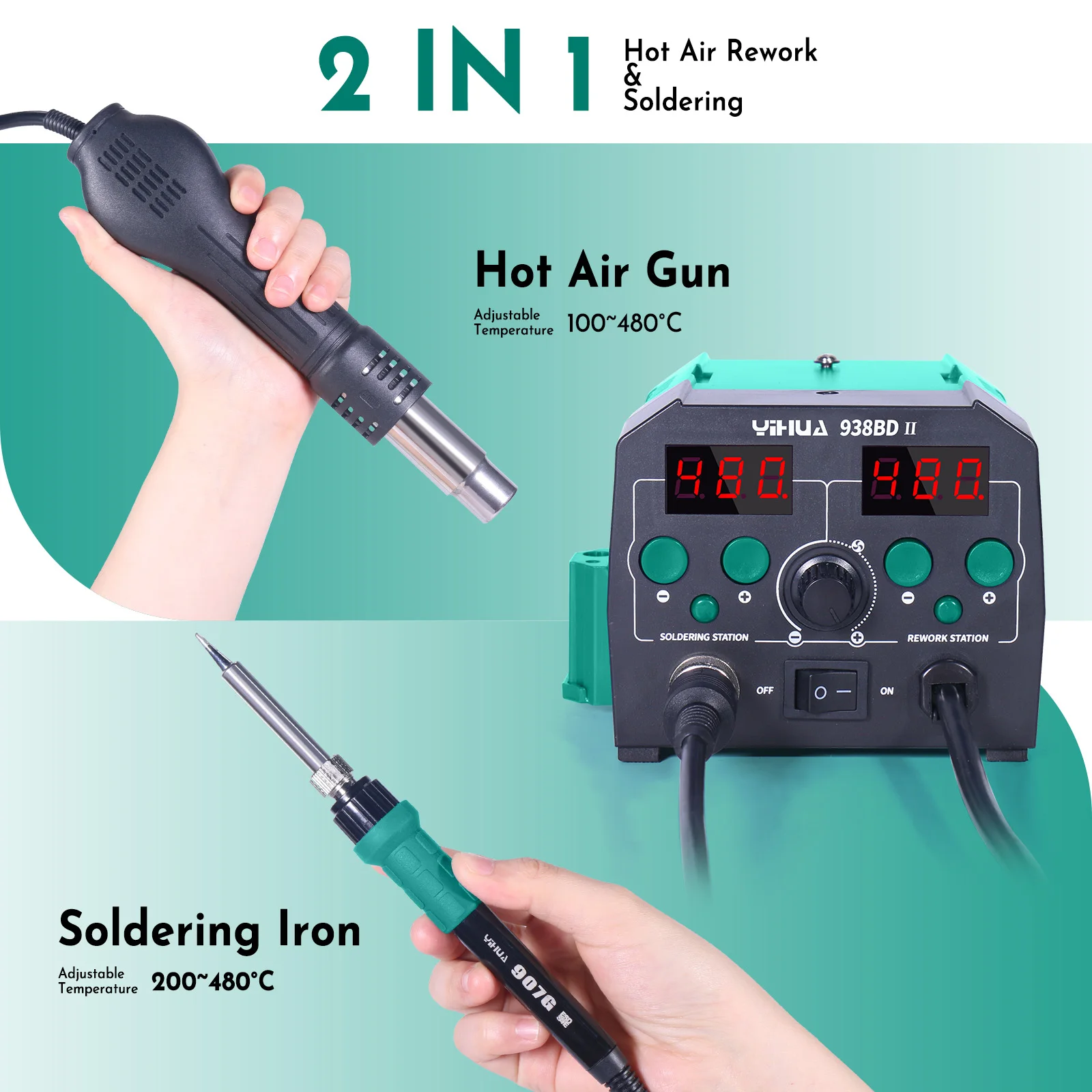 YIHUA 938BD-II 740W Hot Air Gun Rework Station Soldering Iron Solder Station with LED Lamp