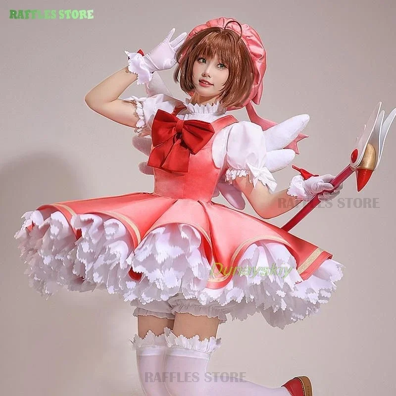 

Sakura battle suit anime costume cosplay women bubble sleeves pink Lolita dress wig wings Halloween fancy Cos Par