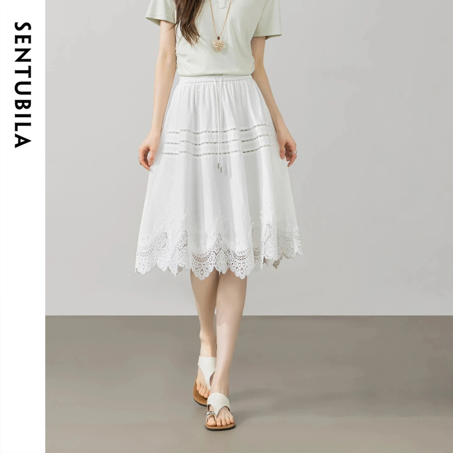 SENTUBILA White Commute Hollow Out Lace Trim Skirt Women 2026 Summer Simple Elastic Waist Drawstring A-Line Skirt 162QG7131