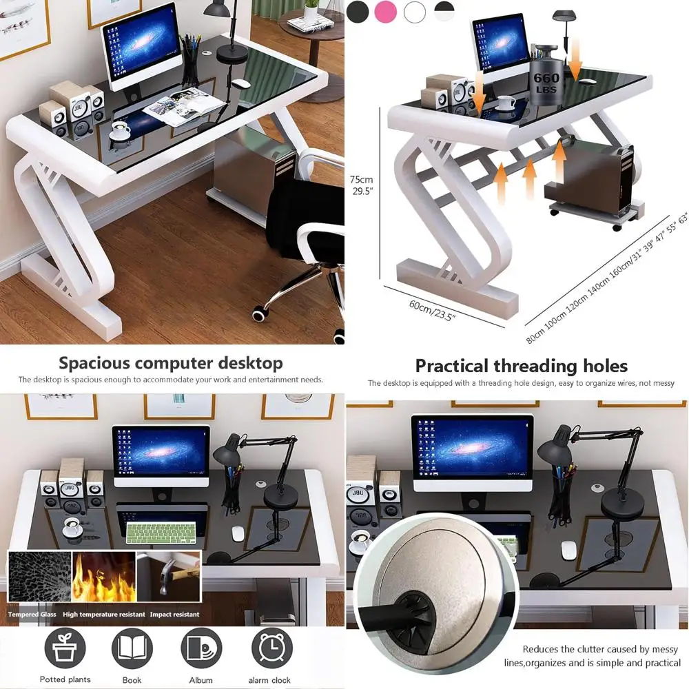 مكتب كمبيوتر من الزجاج المقسى، مكتب مكتب حديث مع سطح زجاجي وإطار معدني على شكل Z، مكتب كتابة قوي، مكتب دراسة، ألعاب #1