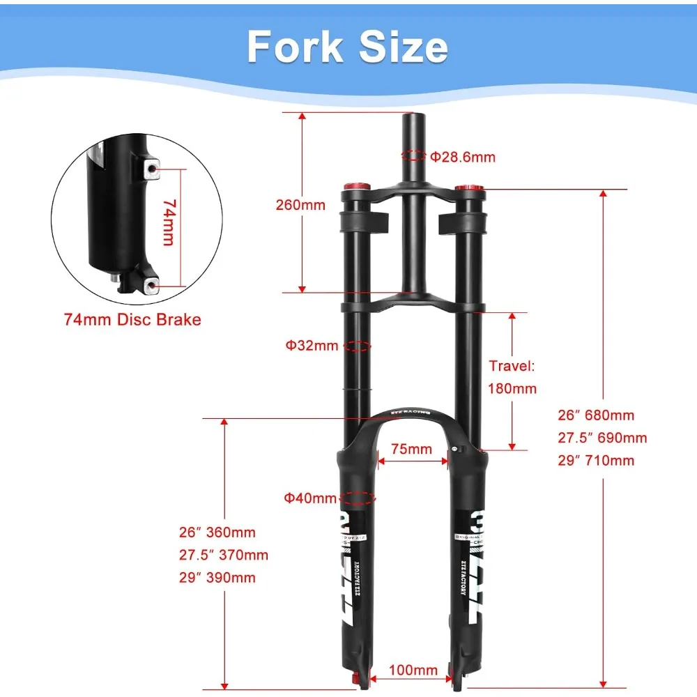 ZTZ 26/27.5/29 Inch MTB Air Suspension Fork 180mm Travel 9x100mm QR Rebound Adjustment 1-1/8 Straight Steerer Double Crown Front Fork