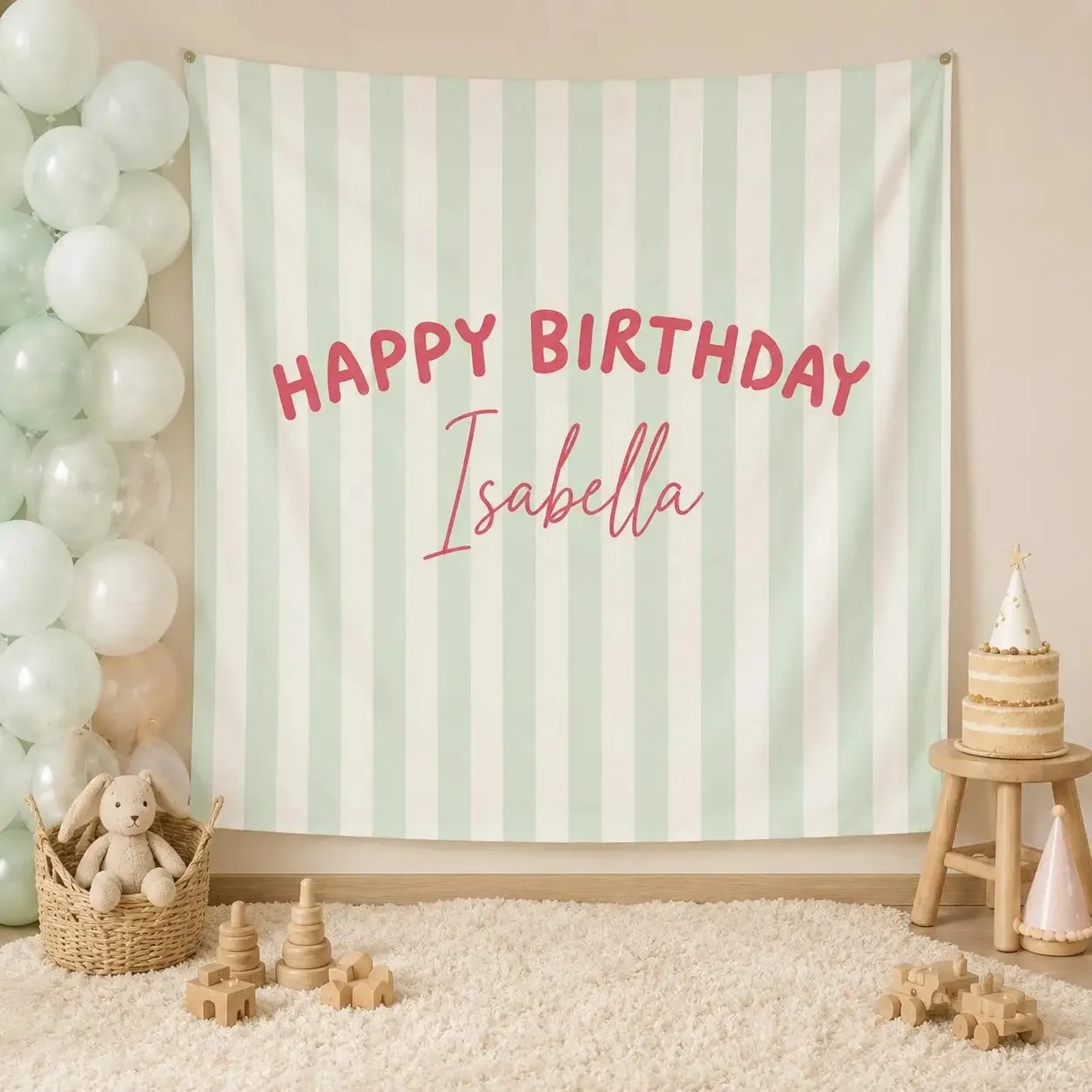 Custom Personalized Birthday Tapestry, Custom Name Boho Striped Fabric Banner, Multi‑Color Options, Party Backdrop Wall Art for