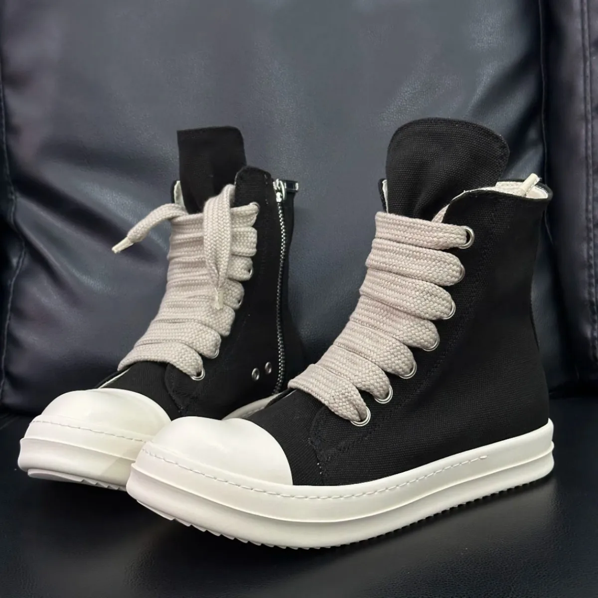 

Black Canvas Shoe Men Boots Ro High Top Shoes Jumbo Laces Women Sneaker Casual Shoes Luxury Zipper Flat Shoes Ankle Boot