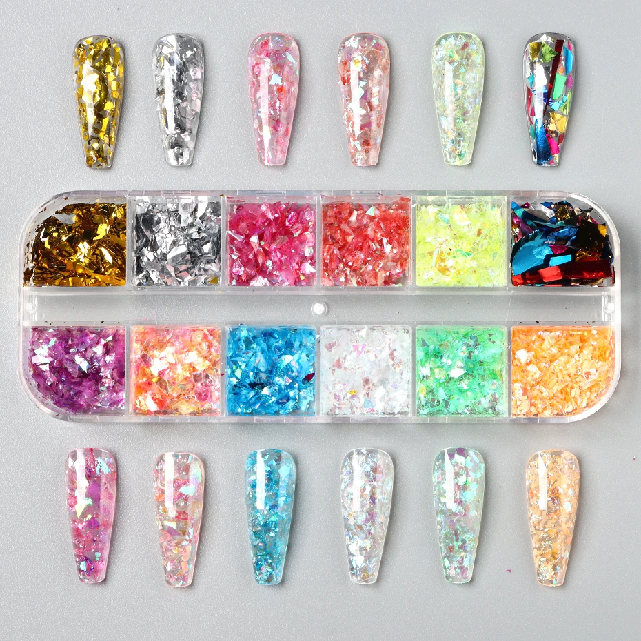 Papier de coquille de paillettes d'ongle, conception de luxe, démontrent irréguliers, paillettes colorées mélangées, holographique, grosses décorations d'art de manucure, pièces