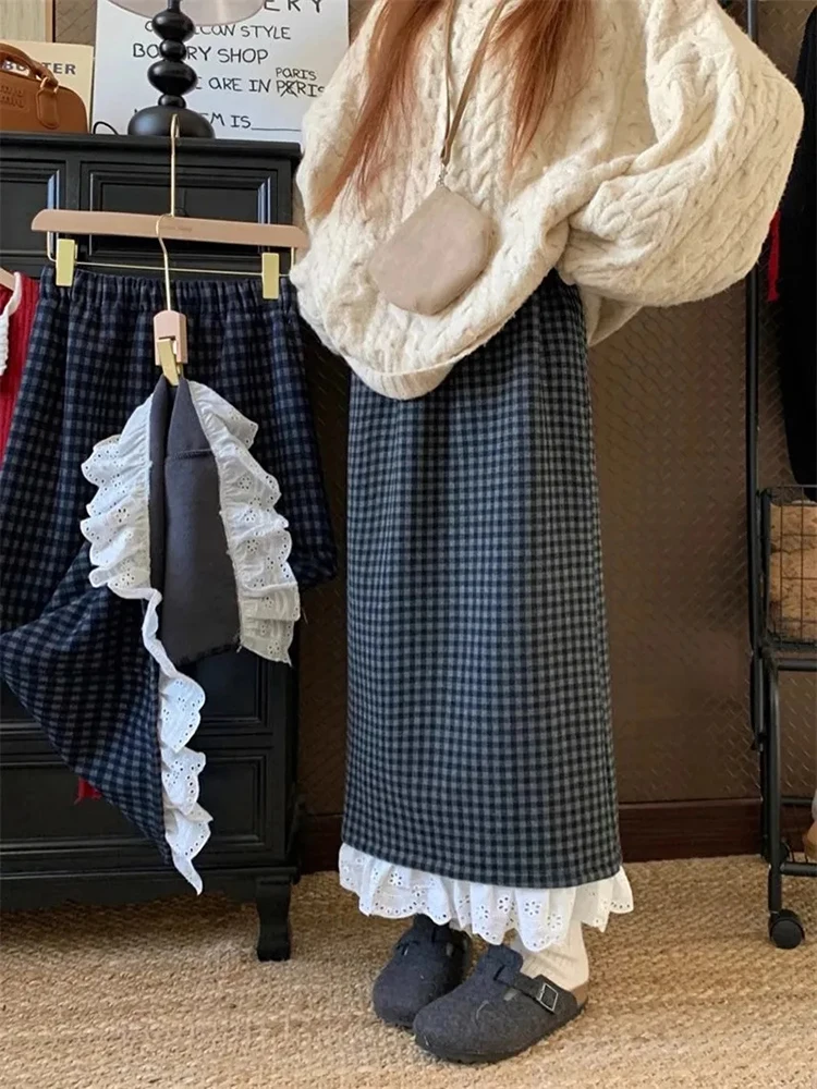 Lace Patchwork Plaid Skirt for Women Winter Thick Loose Preppy All Match Midi Skirt Y2K Female High Waist Rear Fork A Line Skirt