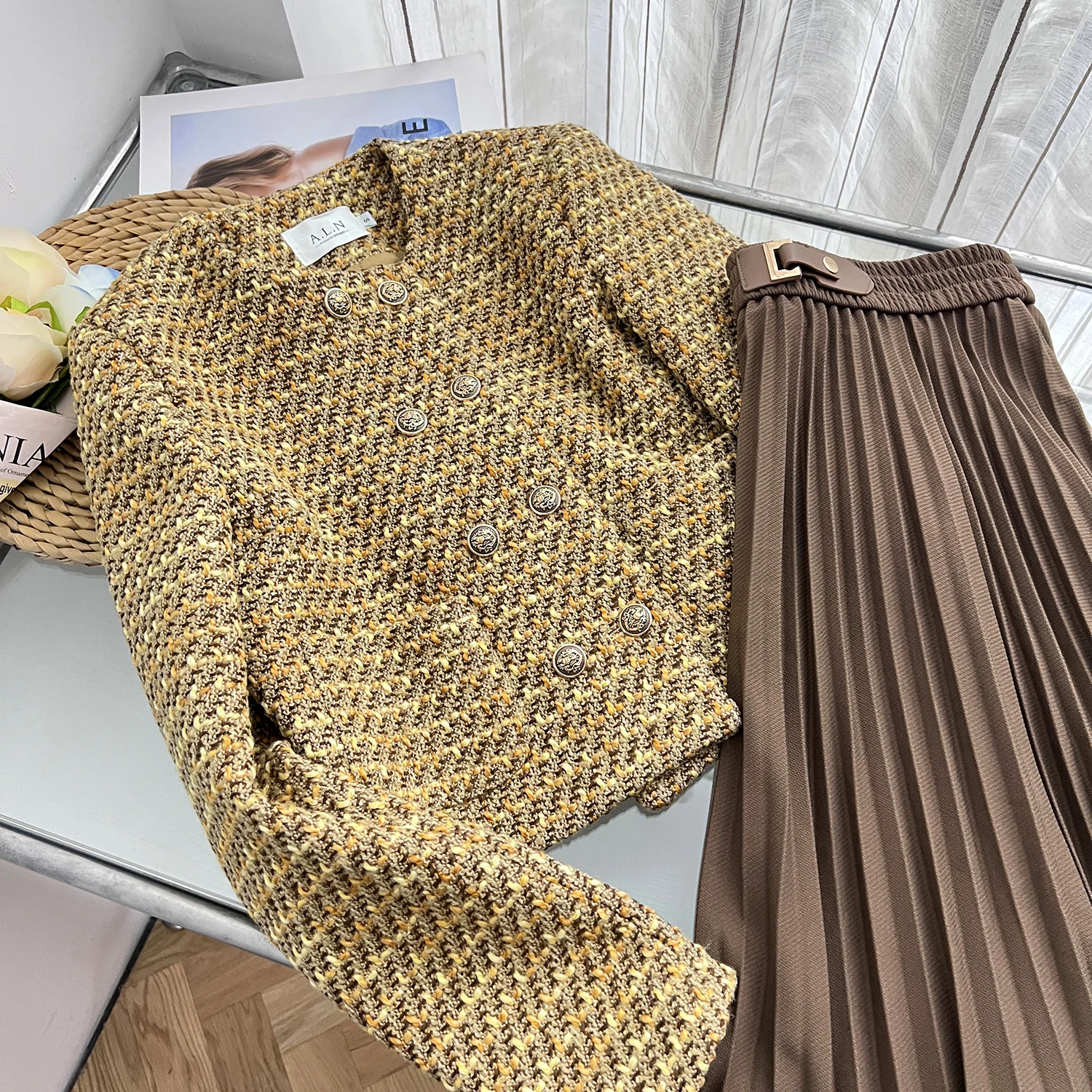 Jesień Mały Zapach Vintage Tweed Dwuczęściowy Zestaw Damski Crop Top Wełniana Krótka Kurtka Płaszcz + Plisowane Spódnice Zestawy 2-częściowe