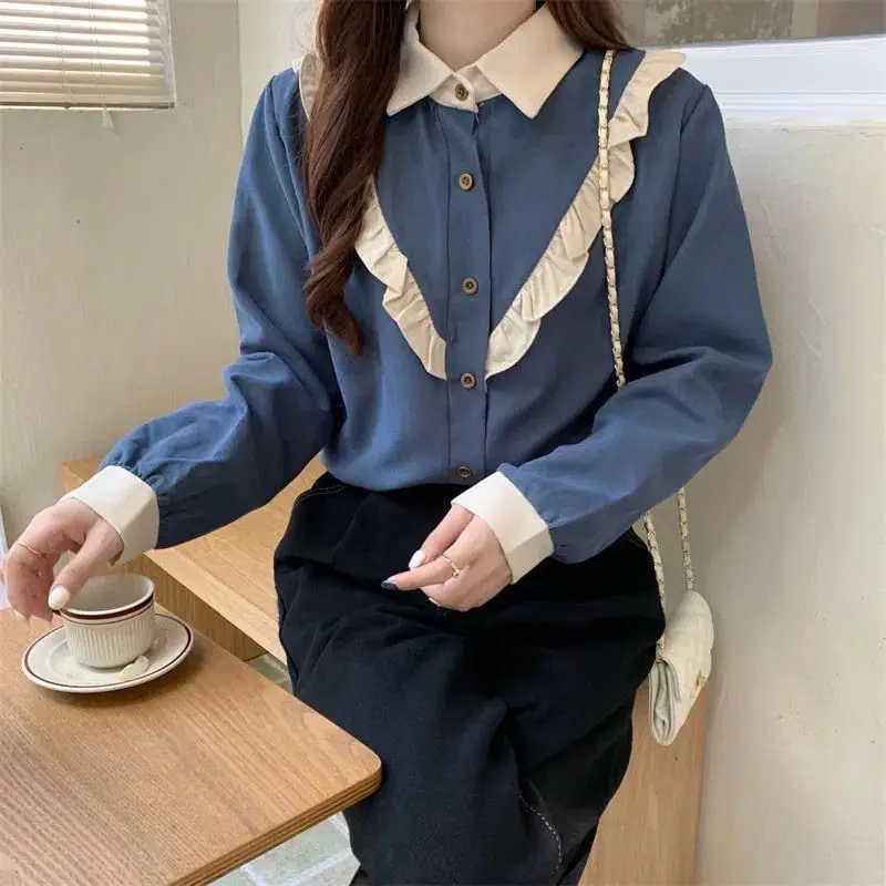 Elegant Turndown Collar Long Sleeve Loose Blouse Spring Autumn Solid Color Splicing Top Fashion Commute Women Clothing Shirt New