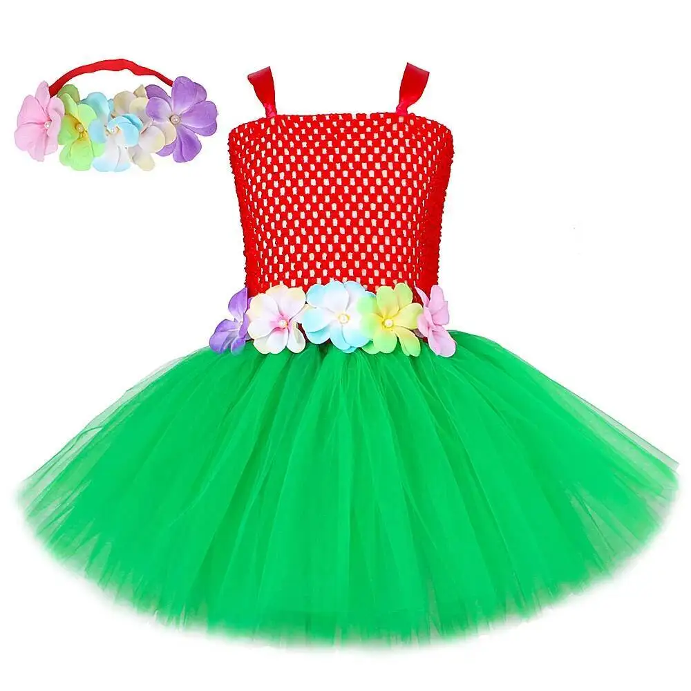 Red Green Hawaiian Hula Tutu Dress for Girls Tropical Flower Princess Costume Kids Luau Beach Fancy Outfit with Floral Crown