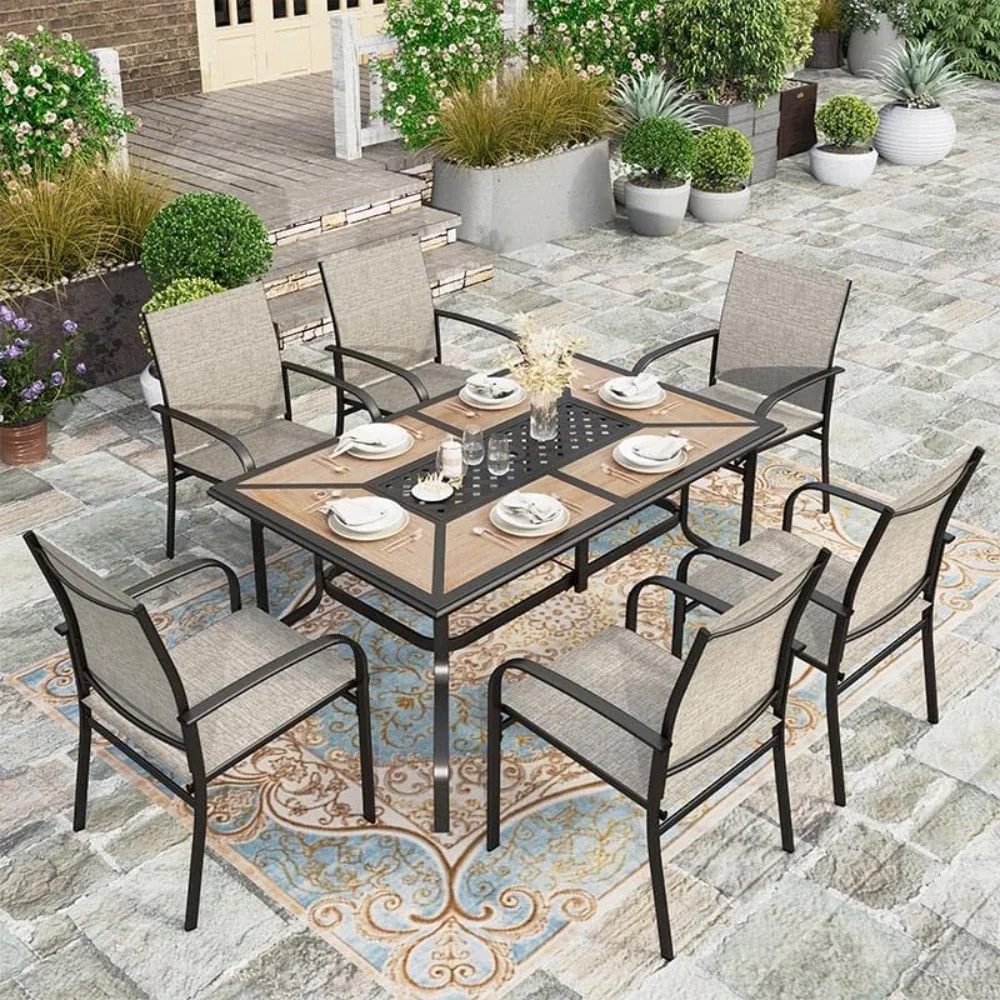 

Patio Table and Chairs Set, Rectangular Outdoor PVC Metal Table with Umbrella Hole, 7 Pieces Outdoor Dining Sets