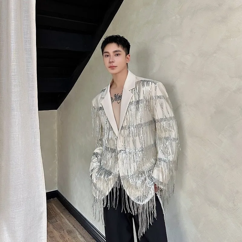

Silver Sequin Men's Suit Korean Style Dangle Tassel Stage Performance Clothes for Singers Breathable Polyester Fiber Casual J...